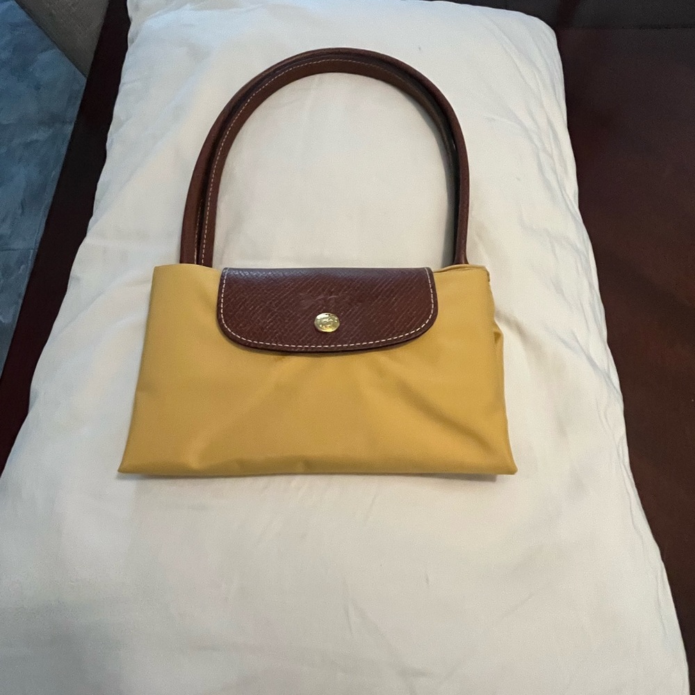 Longchamp Le Pilage small long handle tote- color is Curry